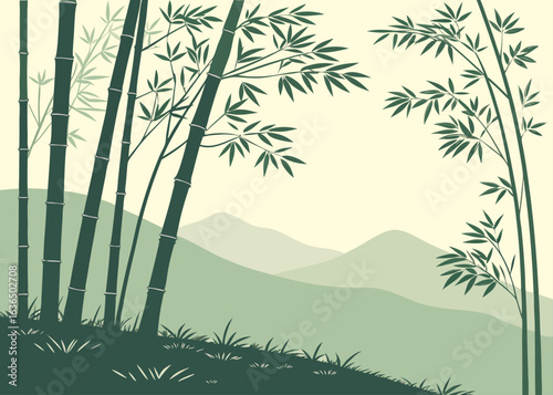 Bamboo Silhouette: A serene bamboo forest silhouette against a backdrop of rolling hills and gentle greens, symbolizing harmony and tranquility.