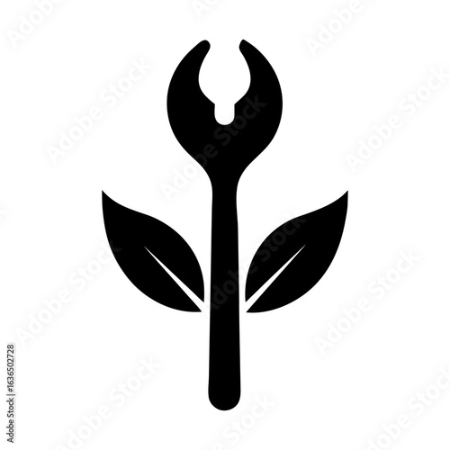 Silhouette of a wrench handle that forms a soft leaf stem naturally with transparent background