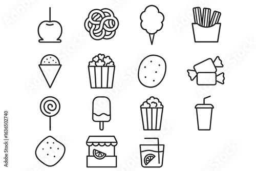 Outline icons of popular snack foods and drinks
