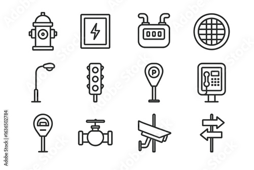 Urban infrastructure icons: streetlights, hydrant, telephone, traffic light illustrations