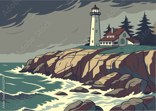 Coastal Lighthouse Sentinel: Perched upon a rugged cliff overlooking the turbulent sea, a stoic lighthouse stands as a beacon of hope, its light cutting through the stormy sky.