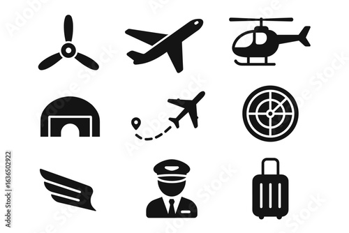 Aviation icons: airplane, helicopter, pilot, radar, luggage, propeller