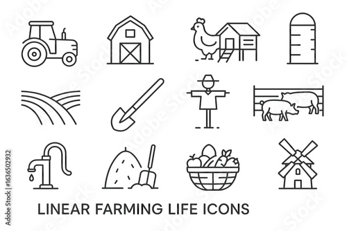 Linear farming life icons: tractor, barn, chickens, silo, crops, shovel, scarecrow, pigs, windmill