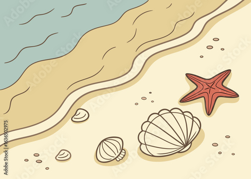 Seashells at the Shoreline: A tranquil illustration of the shoreline showcases a collection of seashells gracefully scattered along the sandy beach, caressed by gentle waves.