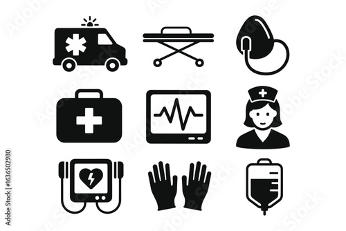 Set of black medical icons featuring ambulance, stethoscope, heart monitor, and nurse