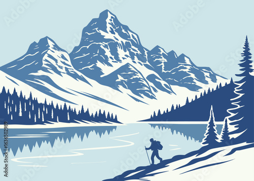 Serene Mountain Trek: A lone hiker embarks on a journey through a majestic snow-covered mountain landscape, captured in an artful illustration, reflecting the tranquility of nature. 