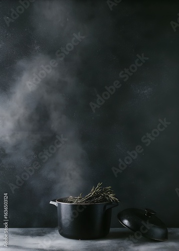 Mysterious Black Cast Iron Pot with Steaming Herbs on Dark Smoky Background