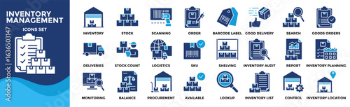 Inventory Management icon collection set. Containing design Inventory, Stock, Scanning, Order, Barcode Label