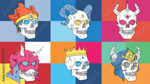 Colorful skulls with various headwear on a grid background