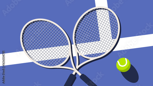 Two tennis rackets and a bright ball on court.