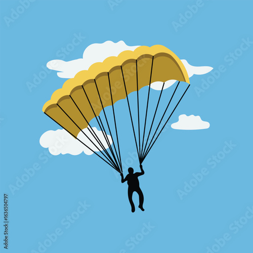 paragliding in the blue sky. Skydiver Parachute Landing
