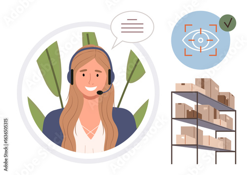 Smiling woman wearing a headset, speech bubble, eye recognition icon, checked mark, organized warehouse racks. Ideal for communication, customer service, technology, logistics inventory management