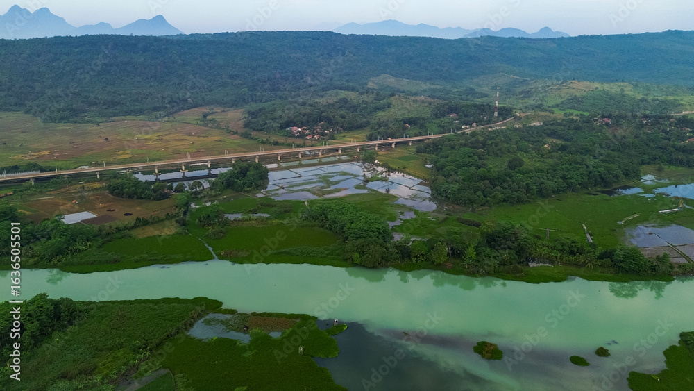 Fototapeta premium Drone View of Citarum River at Jatiluhur Dam, Purwakarta – Stunning Aerial Landscape