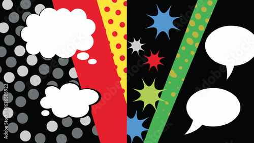Comic book speech bubbles with pop art background and halftone pattern design art