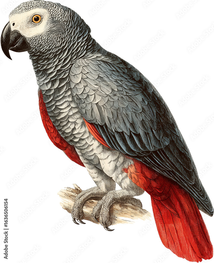 Fototapeta premium African grey parrot isolated on transparent background is a tropical bird with grey feathers and red tail, often kept as a pet in zoos