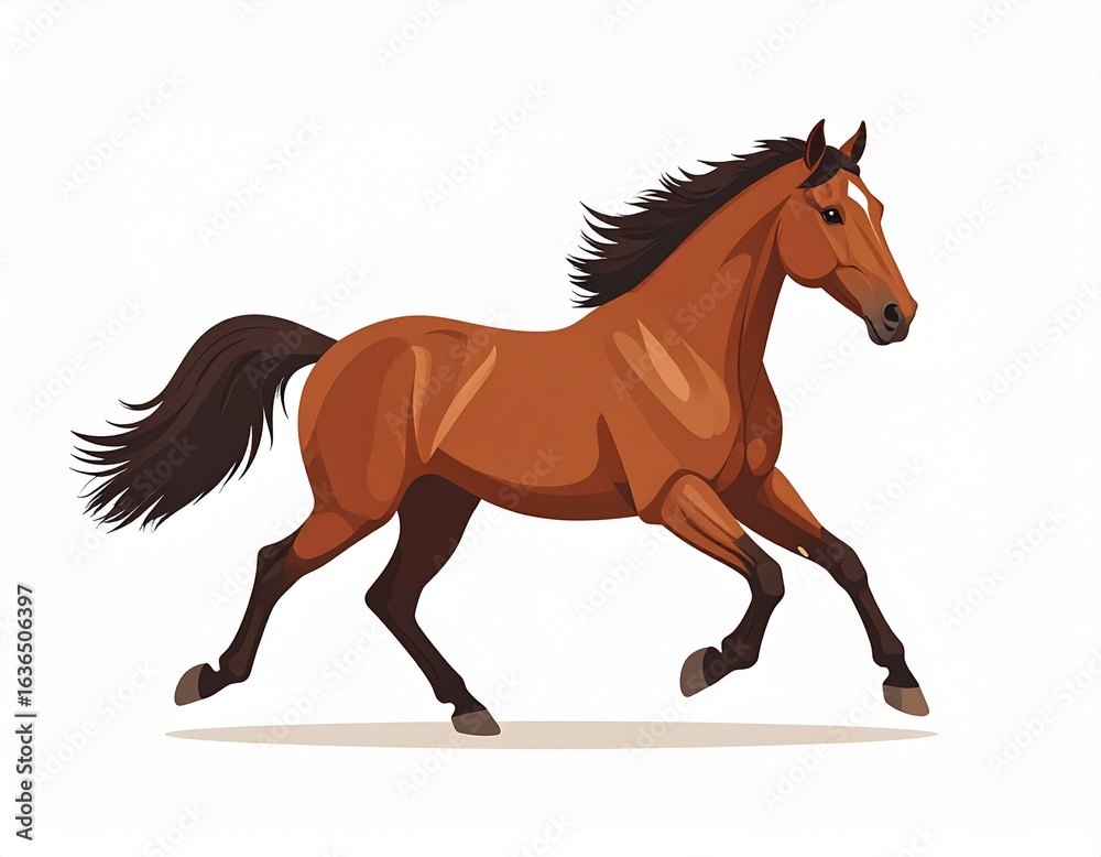Fototapeta premium Running brown stallion with flowing mane and tail, isolated vector illustration