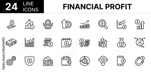 Collection of 24 Financial profit fill icons featuring editable strokes. These outline icons depict various modes of Financial profit, Money, Income, Savings, Earnings, Cash, Investment, Financial,