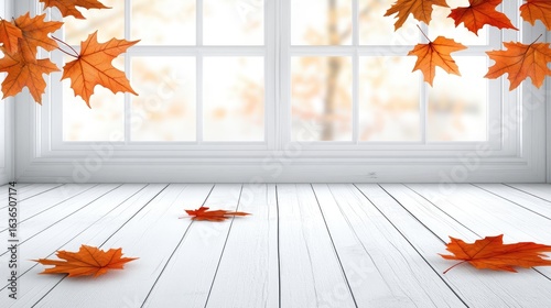 Sunlight illuminates autumn leaves scattered on a white table, viewed from a window overlooking a garden filled with vibrant fall colors