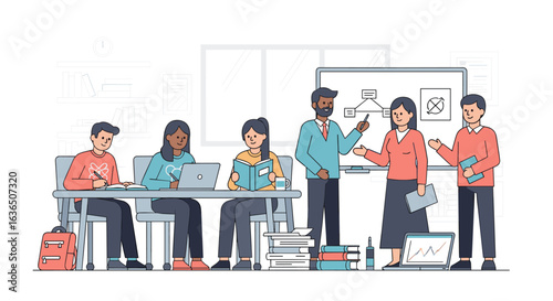 Diverse students and teachers collaborating in a modern classroom setting