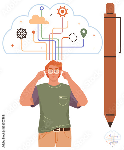 Young man adjusting glasses, cloud with interconnected lines, icons thumbs up gears and location, vertical pen. Ideal for technology, creativity, brainstorming, innovation, education