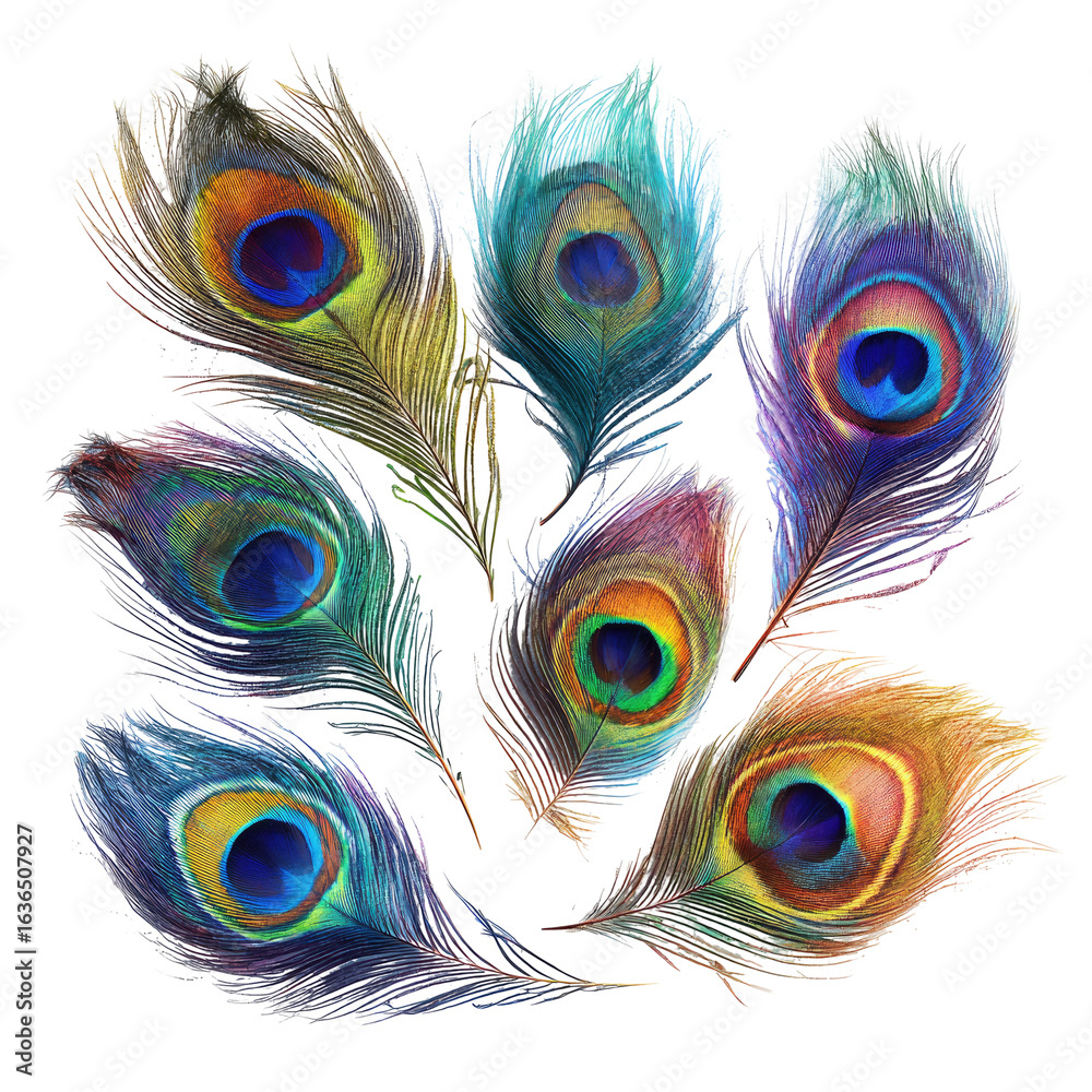 Fototapeta premium Colorful peacock feathers arranged on black background for craft projects