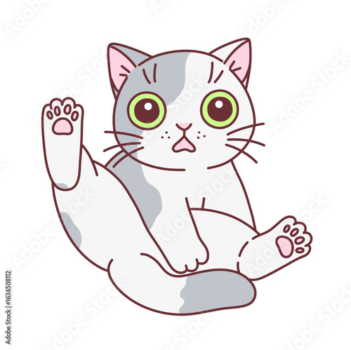 Cartoon surprised cat with lifted up hind paw. Cute cats series.