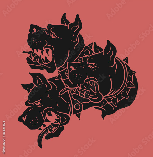 Red and black vector illustration of three heads of Cerberus dog.