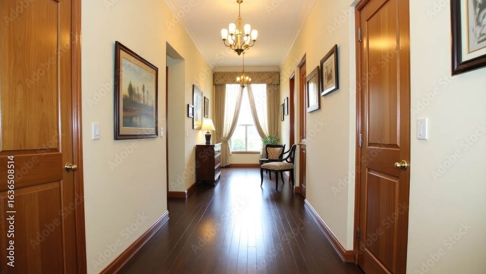 Fototapeta premium Interior hallway with light beige walls and wooden doors.