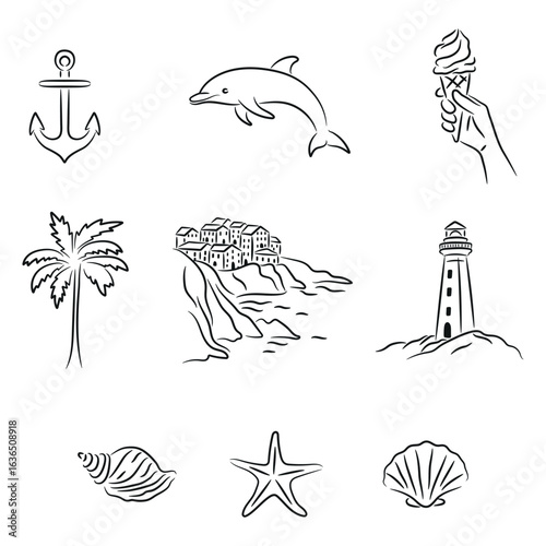 Line Art Coastal and Nautical Icons, Anchor, Dolphin, Ice Cream, Palm Tree, Italian Coast, Lighthouse, Shells