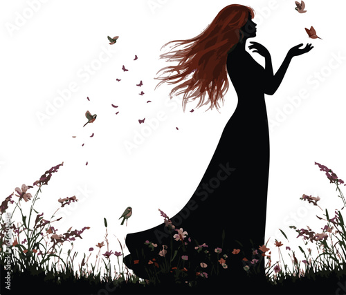 Silhouette of a woman with red hair reaching for a butterfly with colorful flowers long hair wind