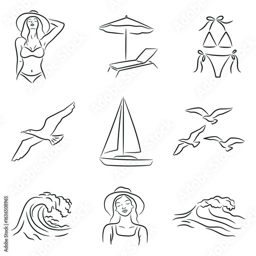 Line Art Summer Vacation Icons, Swimsuit Girl, Beach Chair, Bikini, Seagulls, Sailboat, Summer Outfit