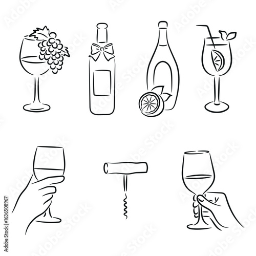 Line Art Italian Drinks and Wine Icon set, Glasses, Grapes, Limoncello, Cocktails, Corkscrew