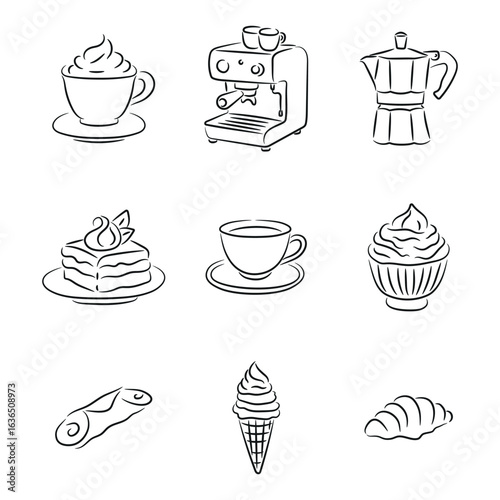 Line Art Italian Desserts and Coffee Icons, Cannoli, Tiramisu, Panna Cotta, Espresso, Ice Cream