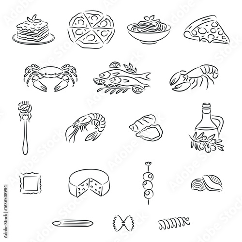 Line Art Italian Food Icons, Pizza, Pasta, Lasagna, Seafood, Olive Oil, Cheese, Olives