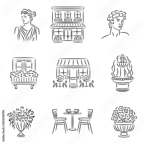 Line Art Italian Café and Culture Icons, Sculptures, Architecture, Flowers, Fountain, Terrace Seating