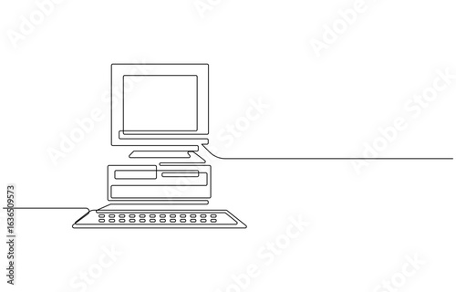 Old Computer continuous one line art drawing, Old classic computer sitting on an art deco retro desk. Retro Computer Continuous Line Art
