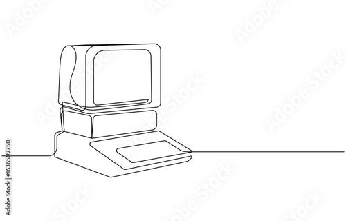 Old Computer continuous one line art drawing, Old classic computer sitting on an art deco retro desk. Retro Computer Continuous Line Art
