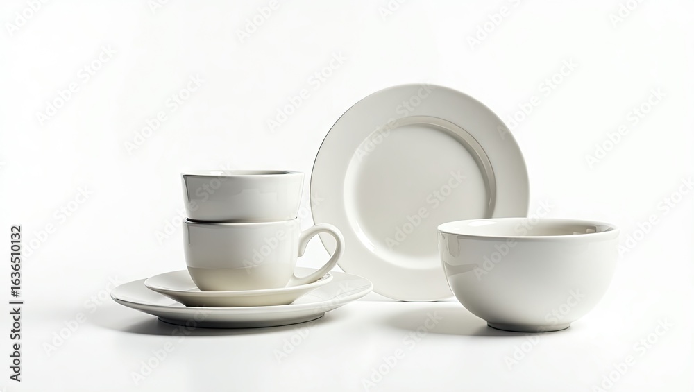 Obraz premium White ceramic tableware set displayed on a white background.