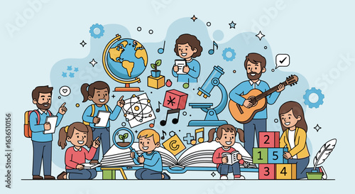 Diverse group of children and adults engaged in various learning activities with educational symbols in the background