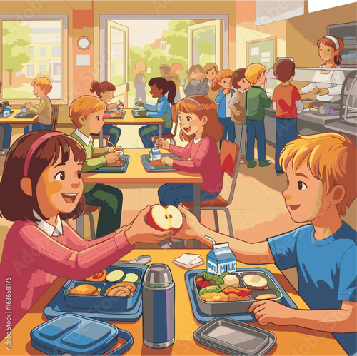 S08082025_School Cafeteria
This cheerful illustration shows a busy school cafeteria. In the foreground, a boy and a girl are sitting at a table, happily sharing an apple.