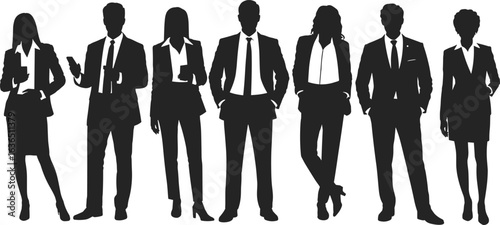 Professional business team silhouettes, diverse corporate group, business attire, teamwork, office colleagues, executive staff, corporate workforce, business professionals, meeting