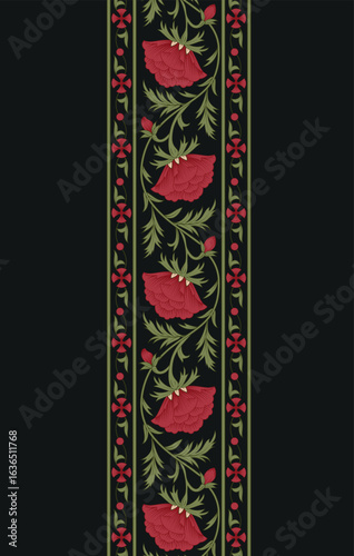 Mughal-style vertical floral border featuring bold crimson blossoms with curling vine tendrils, reflecting the grandeur of royal textile traditions