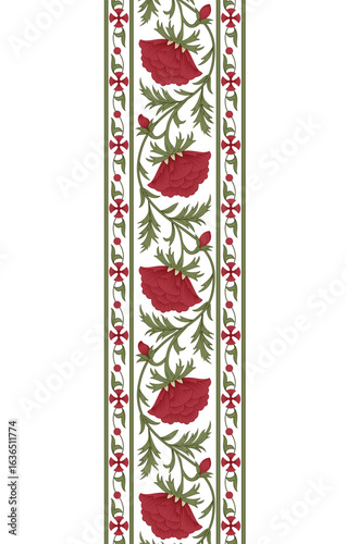Mughal-style vertical floral border featuring bold crimson blossoms with curling vine tendrils, reflecting the grandeur of royal textile traditions