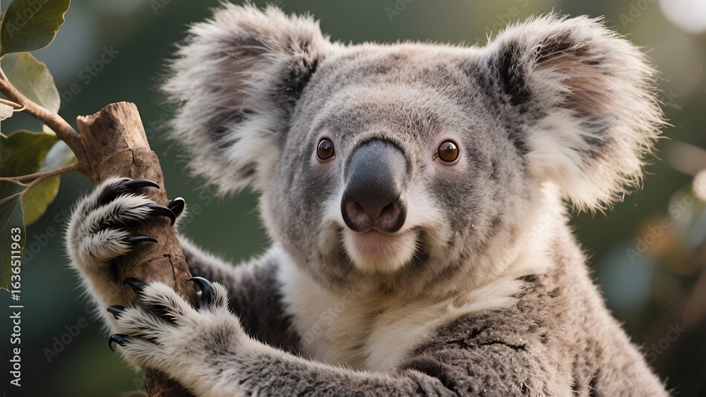 Fototapeta premium koala is clinging to a tree branch, sharp claws and fluffy ears