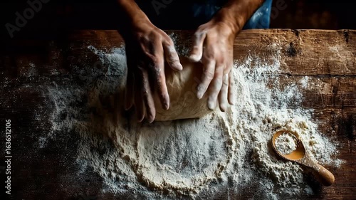 A Baker's Hands Kneading Dough on a Rustic Wooden Table: A Detailed Closeup of the Baking Process. The Overhead Shot Shows the Hands and Flour on the