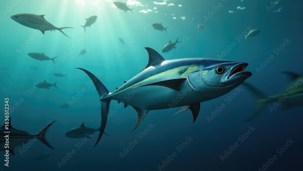 Fototapeta premium Tuna fish swimming in a school of fish in the ocean.