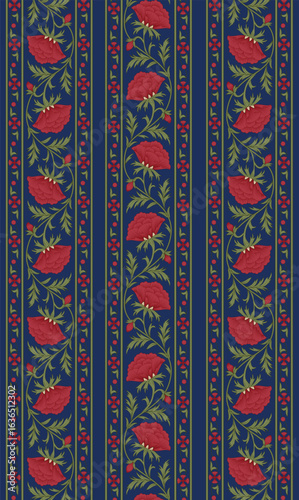 Mughal-style vertical floral border featuring bold crimson blossoms with curling vine tendrils, reflecting the grandeur of royal textile traditions