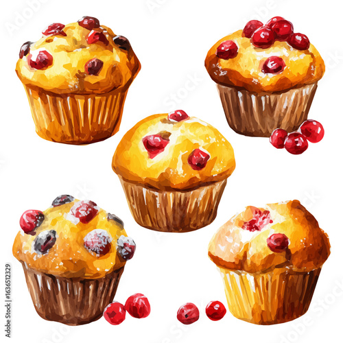 My Watercolor illustration cranberry muffins painting isolated on a white background, illustration, AI painting design, vector set, eps format, My illustration design, collection