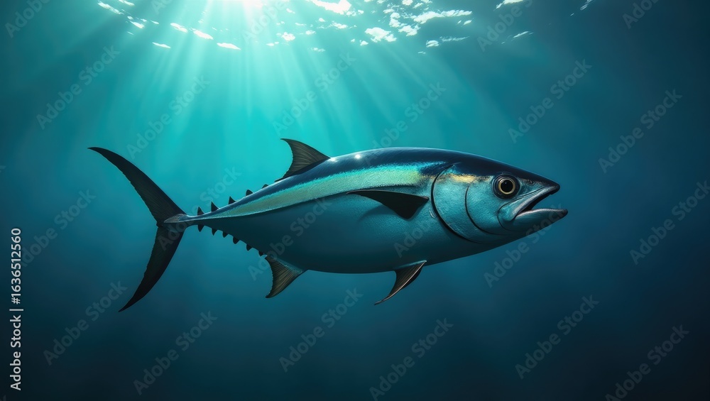 Fototapeta premium Tuna fish swimming in the deep blue ocean.