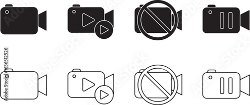 Collection of video camera icons in black and white, video camera, camera, film, movie, recording, video, play, record, stop, forbidden, no video, icon, symbol, graphic, design, vector, illustration, 